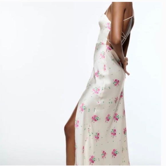 ZARA SATIN MIDI DRESS FLORAL PRINT STRAPPY WHITE ,Size S - Picture 5 of 5